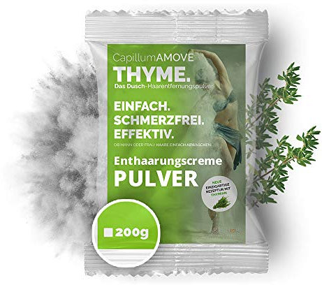 Capillum AMOVE Thyme Enthaarungscreme Intimbereich [200g] - extra sanftes Enthaarungspulver Männer Schmerzfreie Dusch-Haarentfernungscreme mit natürlichen Mineralien & Thymian