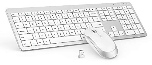 Wireless Keyboard and Mouse Combo - Full Size Slim Thin Wireless Keyboard Mouse with Numeric Keypad 2.4G Stable Connection Adjustable DPI (White & Silver)