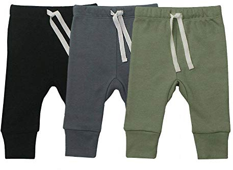 HonesBorn Baby Unisex 3-Pack Pants, Infant Boys Girls Cotton Tapered Ankle Pants(6-12 Months, Black/Slate Gray/Sage)