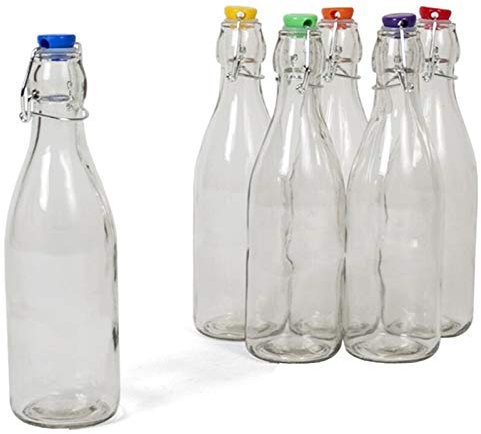 12 pz Bottiglie di Vetro Trasparente con Chiusura ermetica con Tappo colorato | capacità: 1000 ml | Altezza Totale: 26,5 cm