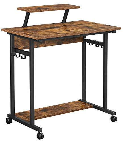 VASAGLE Scrivania Per Computer, Tavolo Da Studio Con Ruote, Supporto Monitor E 6 Ganci, Postazione Di Lavoro, Stile Industriale, Lwd085B01, Marrone Vintage E Nero, 80 x 50 x 90 cm