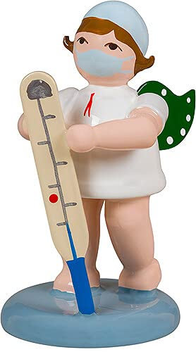 KDE Ellmann Corona Trilogy - angel with hood and fever thermometer - 6.5 cm - green wings - Weihnachtsengel Erzgebirge