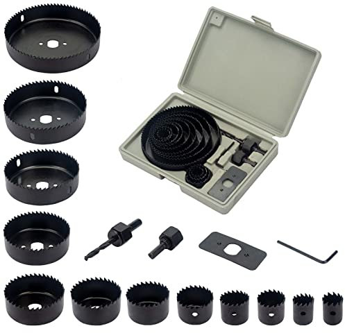 16PCS Hole Saw Kit, 19-127mm Carbon Steel Downlights Drill Bit Tools Cutter Set for Soft Wood, Plywood, PVC Board