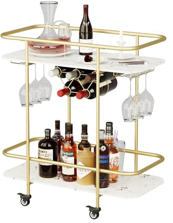BENOSS Gold Bar Cart on Wheels, Home Bar Serving Carts, Modern Marbled Pattern Wine Cart with Glass Holder Wine Rack, Coffee Tea Drink Trolley, Beverage Bar Cart for the Home Kitchen Living Room Party