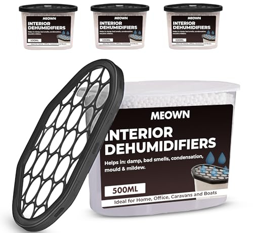 Meown 500ml Interior Dehumidifiers, Pack of 4 Disposable Moisture Absorber Pots, Damp, Mould, Condensation & Musty Odour Remover for Wardrobe, Bathroom, Kitchen, Caravan & Home