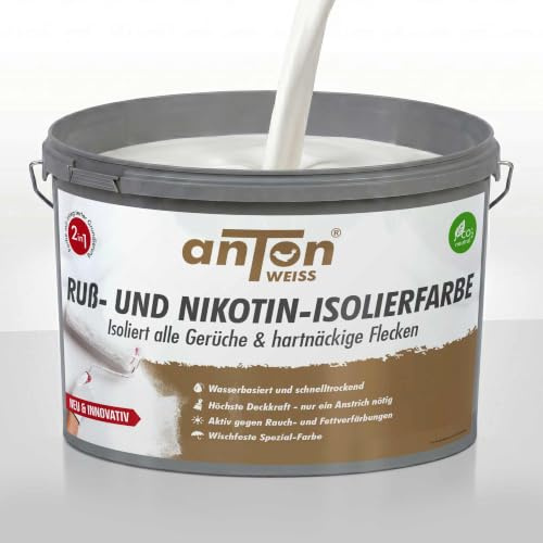 Anton Ruß- und Nikotin Isolierfarbe 21,00 Kg | Geruchsbindend gegen Nikotin, Ruß & Rauchgerüche |Hochdeckend | Nikotinsperre von Ruß-und Nikotinflecken | 100-110m² | vergilbte Wände wieder weiss