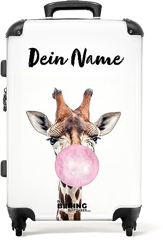 NoBoringSuitcases© Koffer personalisiert, Kinder Koffer, | 67x43x25 cm - Reisekoffer Kinder, Koffer hartschale - Hartschalenkoffer - Giraffe mit Kaugummi - Mittelgroß mit Rollen