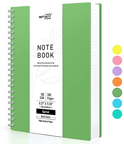 RETTACY Notizbuch A4 Liniert, 100g/m² Papier, 300 Seiten - Grün | Journal im Tagebuch-Stil Softcover Spiralbindung 180° flach aufschlagbar, durchschlagfest & Gummiband – Büro & Alltag