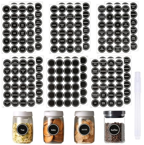 288 Stück Gewürzetiketten Selbstklebend, Rund Gewürzaufkleber , Gewürzgläser Etiketten, Deutsche Wasserfest Küchenetiketten mit 1x Stift für Küchengewürzgläser, Marmeladen, Flaschen, Schwarz 35x35mm