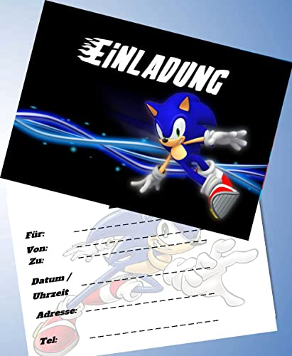 VSW 12 Einladungskarten & 12 Umschläge für Geburtstag Partys und Kindergeburtstag Sonic The Hedgehog Nr. 12
