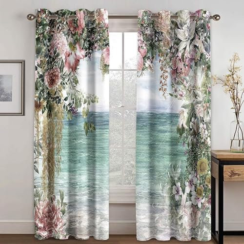 MTBDDyyds Vorhänge Für Kinderzimmer Jungen - 3D Retro Blumen Ozean 170X200Cm - Kinderzimmervorhänge Mit Ösen, Verdunkelungsvorhang Gardinen Schals Vorhang Blickdicht