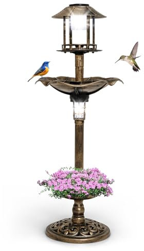 GOPLUS Vogeltränke stehend, Vogelbad mit Solar Leuchten, multifunktionales Bird Bath mit Blumentopf, Vogelfutterhaus, Futterspender, befüllbarem Ständer & 3 Pfählen, für Wildvögel & Vögel (Bronze)