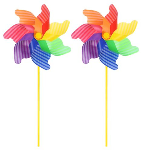 sourcing map 2 Pcs Rainbow Pinwheels 20.5 Inch 7 Leaves Wind Plastic Windmill for Party Decorations Outdoor Decor Lawn Yard Gardens Patio, Colorful Stripe