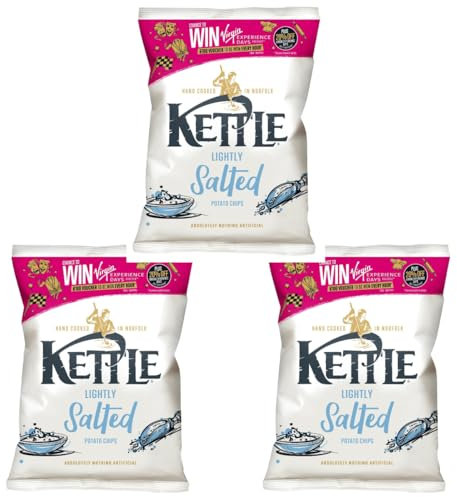 Kettle Lightly Salted Potato Crisps, 130g Sharing Bags, Pack of 3, Hand Cooked in Norfolk, Gluten-Free, Vegan-Friendly, British Potatoes