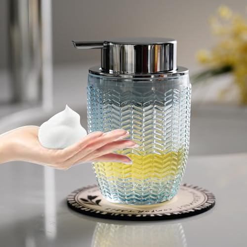 CICUFY Glass Foaming Hand Soap or Lotion Dispenser, Refillable Liquid Soap Dispenser with Large Silver Pump(Barrel Pattern-Blue)