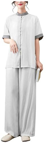 DAYKET Damen-Tai-Chi-Uniform, Traditionell, Kurzärmelig, Kampfsportbekleidung, Morgenübungen, Kung-Fu-Kleidung, Lounge-Bekleidung,White-M