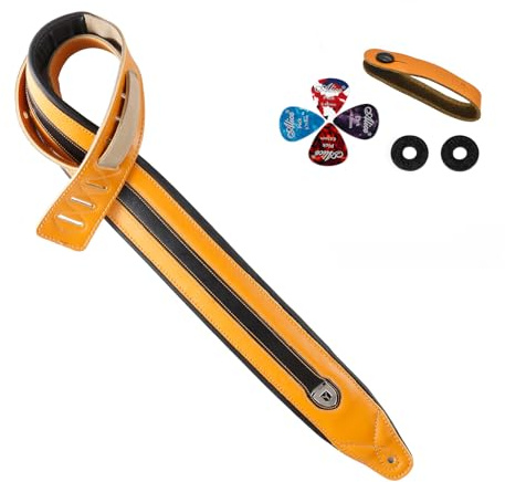 YUEKO Gitarrengurt aus genarbtem Rindsleder, verdicktes Luftpolster, gepolsterter Gurt für Akustik-, E-Gitarre, Bass, Y-034 Gelb, 8 cm Breite