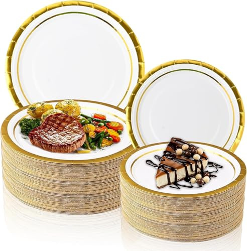 Malloom 100 Stück Pappteller, Partyteller Goldrand Teller Set ​18cm & 23cm Partygeschirr Set, Einweggeschirr Papier Teller zum Abschlussfeier, Jubiläums, Valentinstag, Einweihungsfeier - 50 Gäste