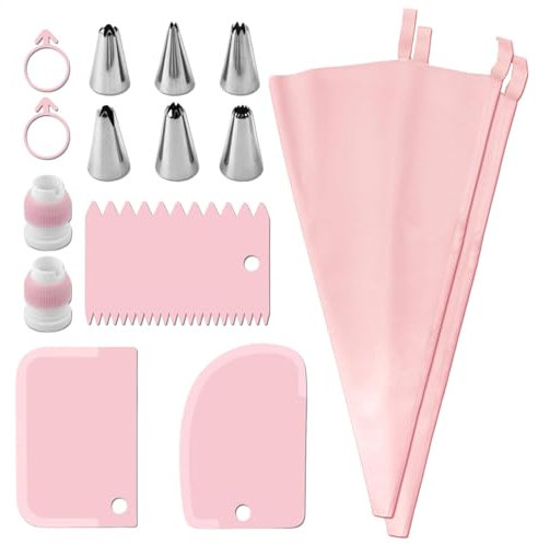 Set di sac à poche 30 cm, 15 pezzi, con 6 diversi beccucci in acciaio inox e sac à poche 3 spatole, riutilizzabili e lavabili in lavastoviglie, per decorazioni su torte, torte e biscotti