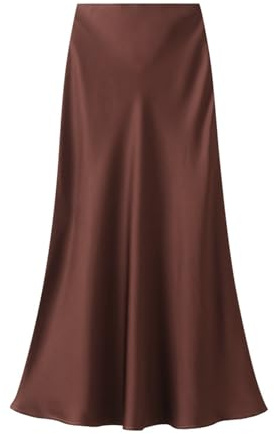 Onsoyours Femme Jupe en Satin Élégant Taille Haute Élastique Midi Jupes en Soie avec Fermeture Éclair Couleur Unie A Marron M