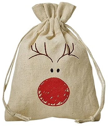 | 6 Weihnachtsbeutel Rudolph - Rentier mit roter Nase - natürliche Baumwolle, Weihnachten, Adventskalender, Geschenkbeutel, Christkind, Nikolaus (30x20 cm)