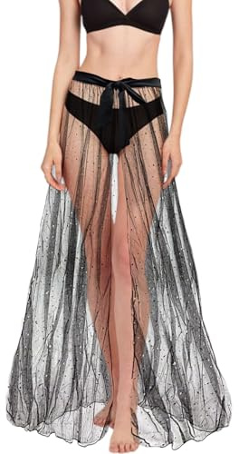 TUONYIS Jupe Longue en Dentelle pour Femme Jupe Femme Paillettes Demi Transparente Sexy Jupe à Paillettes Taille Haute en Maille Plissée Sexy Midi Clubwear (Noir)