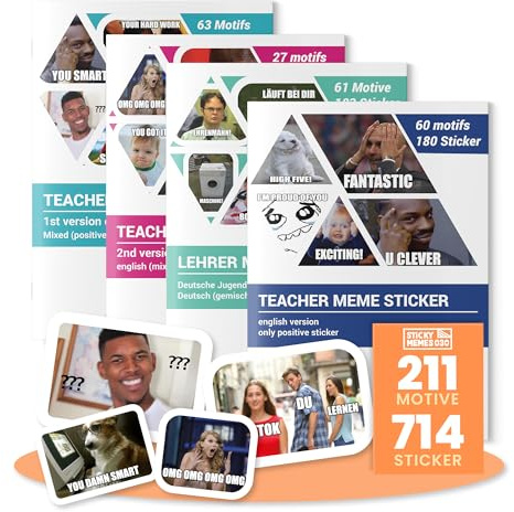 4er Set Lehrer Meme Sticker/Aufkleber 714 Stk. / 211 Motive / (1.Verion. / 2.Version. / Nur positive/Jugendwort) Lehrermemes für Noten/Lehrer Sticker/Lehrergeschenk/Lehrergeschenk Abschied