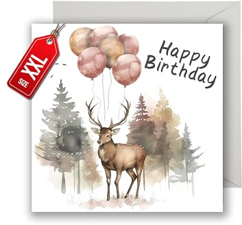 Geburtstagskarte für Jäger und Förster mit Umschlag - “Happy Birthday” Karte Glückwunschkarte Geschenkkarte zum Geburtstag Jagd Wald Natur Hirsch und Ballons Waldmotiv Naturfreunde (XXL 22 x 22 cm)