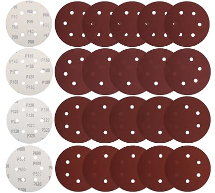 60 pezzi Dischi Abrasivi, 150 mm Carta Abrasiva per Levigatrice Orbitale 6 Fori, 15 x 80/180/320/600 Grana Ideale per Levigatura, Lucidatura, Spolveratura