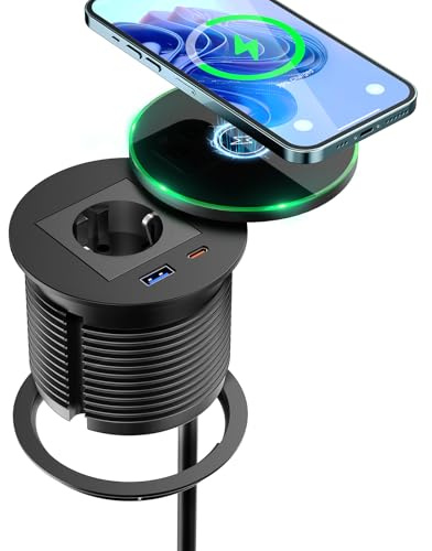 Ohuo Einbausteckdose mit USB C PD 30W und 15W Kabellosem Lade, Versenkte Steckdose mit Deckel und USB, Versenkbare Tischsteckdose Rund 80mm Schwarz, 2m Kabel