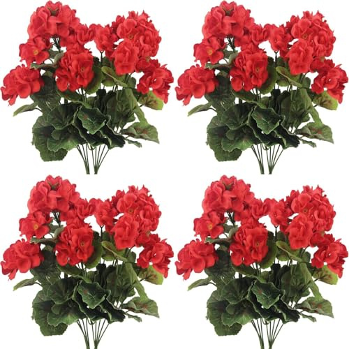 TEEKU Flores artificiales de begonia para boda, hogar, sala de estar, geranio (4 unidades, talla única)