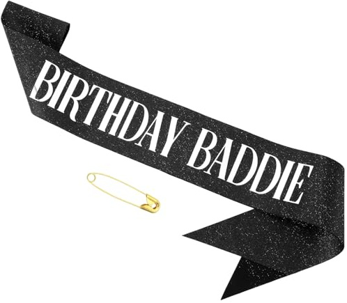 Birthday Baddie Sash for Women & Men, Black Glitter Sash with Silver Foil, Happy Funny Decorations Baddie Accessories Birthday Party Favors Supplies
