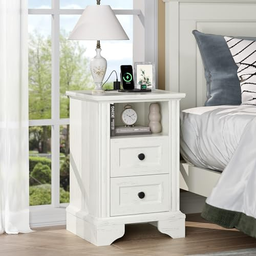 Bonnlo Bedside Table with Charging Station, Small Bedside Cabinets, Side End Table with 1 Open Storage Shelf and 2 Drawers, Nightstand with USB-Type C Sockets, for Bedroom Living Room,35x40x60cm,White