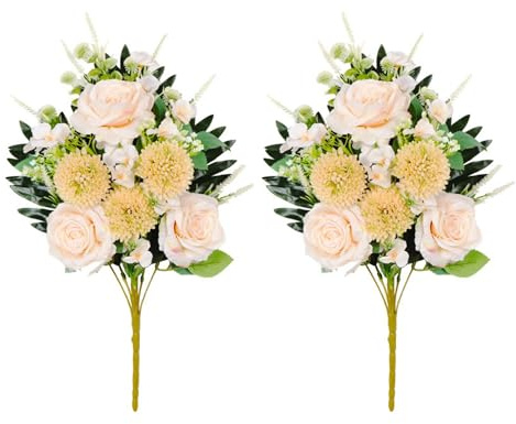 Xiyocadt 2 Stück Künstliche Friedhof Gedenkblumen, 55 cm Wetterfest Künstliche Rosenblüten Blumen Grabdekoration für Friedhof Grab Dekoration (Champagner)