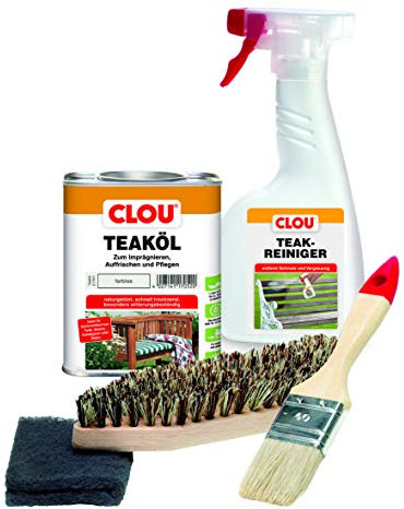 CLOU Teakholz Pflegeset für Gartenmöbel: 750 ml Teaköl, 500 ml Holzreiniger, Bürste, Pinsel, Schleifpad – Holzpflege für außen - Teak, Eukalyptus, Zeder, Balau, Mahagoni