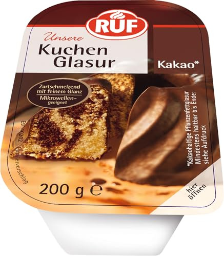 RUF Kuchen-Glasur Kakao, 200g im Becher, mikrowellengeeignet, zum Glasieren & Dekorieren von Plätzchen, Kuchen & Torten, glutenfrei