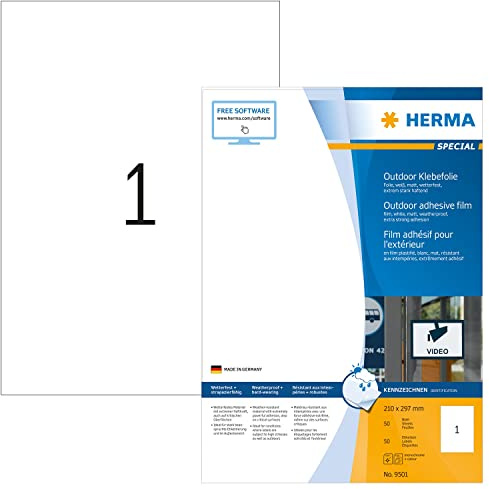 HERMA 9501 Wetterfeste Folienetiketten, 50 Blatt, 210 x 297 mm, 1 pro A4 Bogen, 50 Stück, selbstklebend, bedruckbar, matt, blanko Outdoor Klebeetiketten Aufkleber aus Polyethylen, weiß
