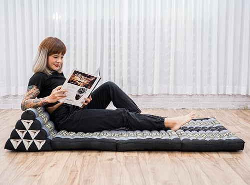 Leewadee Comfortable Japanese Floor Mattress - Thai Floor Bed With Triangle Cushion - Futon Mattress - XL Extra Wide Thai Massage Mat, 170 x 80 cm, Blue, Kapok Filling