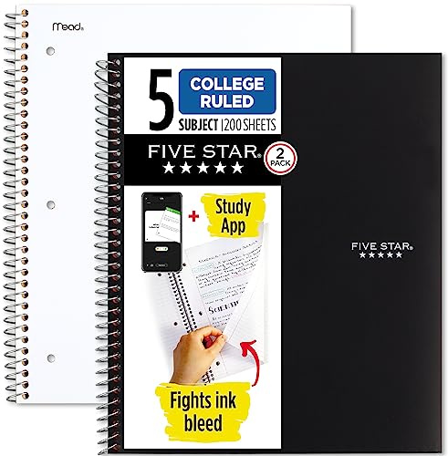 Five Star Spiral Notebooks Plus Study App, 2 Pack, 5 Subject, College Ruled Paper, 11 x 8-1/2, 200 Sheets, Black & White (73035)