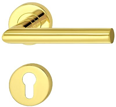 JUVA Drückergarnitur Messing PVD-beschichtet [PZ - Zylinder] 1x Tür Beschläge Rund-Rosette I Türgriffe Innentüren L-FORM I Türklinke für Türstärke 35 – 47 mm | Türbeschlag mit Befestigungsmaterial