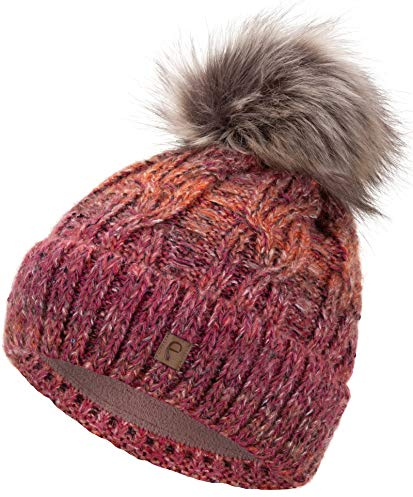 Faera Wintermütze Mütze Damen gefüttert mit Pailletten Bommelmütze Fleecefutter Winter Strickmütze Beanie-Mütze