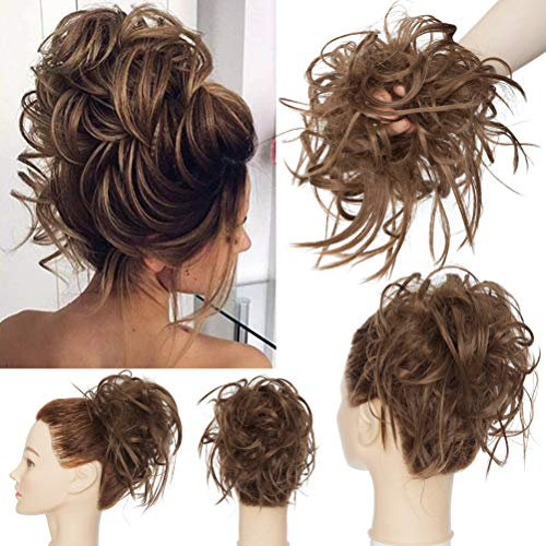 Postiche Chignon Cheveux Naturel Chignon Bouclé Chouchous Extensions de Cheveux Scrunchies Ondulés Tousled Updo Bun Extension Brun doré