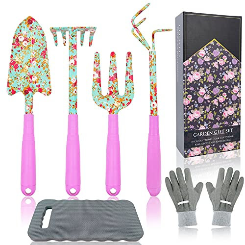 Colwelt Floral Garden Tool Set 6PCS, Gardening Kit with Beautiful Print, Gardening Gifts Tools for Women with Transplant Trowel, Fork, Hand Rake, Cultivator, Garden Gloves and Kneeling Pad