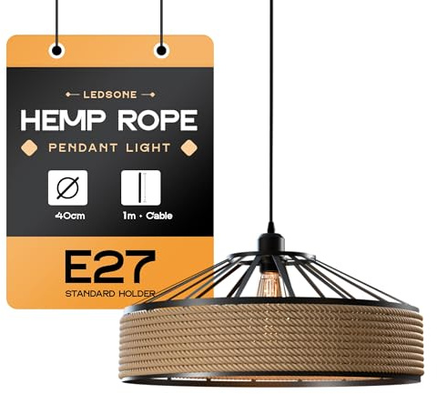 LEDSone Lampadario a sospensione in corda di canapa industriale retrò, lampadario decorativo da soffitto. Kit paralume per lampada da soffitto (Cavo + 1m, 40cm)