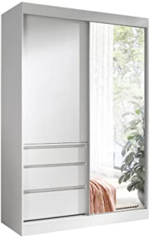 Mirjan24 Schwebetürenschrank Megajra mit 3 Schubladen und Spiegel, Kleiderschrank, Schiebetürenschrank mit 2 Kleidestangen, Garderobe, Schlafzimmer (Breite: 140 cm, White)