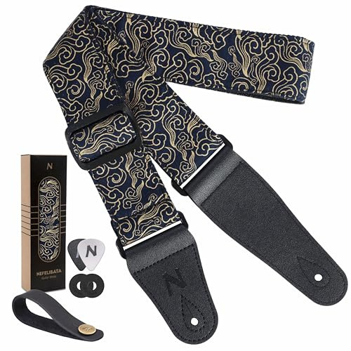 Nefelibata Guitar Strap Japan Printed Cotton Original Design Adjustable Guitar Strap with Long Leather Ends,Include Strap Button,Guitar Picks and Strap Locks(Auspicious Cloud)