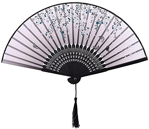 Yukiyi - Éventail pliable à main pour femme, en bambou et tissu de soie, avec pompon - Décoration murale, fête de mariage - Noir