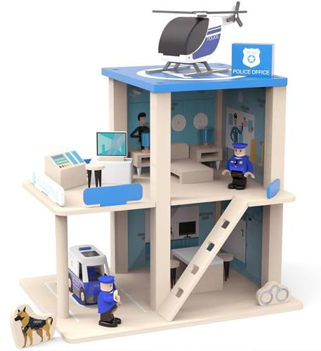 Wooden Police Station Playset, Pretend Play Dollhouse,Multicolor 3-Level with Figures, Truck, Helicopter and Accessories