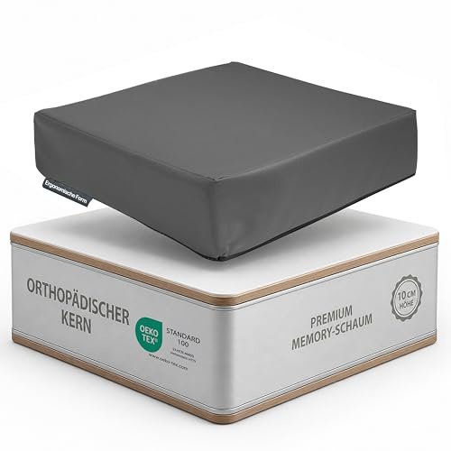 Sitzkissen Orthopädisch - Ergonomisches Sitzkissen Stuhl Sitzerhöhung 10 cm | Memory Foam Stuhlkissen 40x40 aus Kunstleder für Bürostuhl, Auto & Rollstuhl - rutschfest, abwischbar & bequem