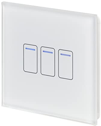 Retrotouch Crystal Touch Switch | LED Light Indicator | 3 Gang 2 Way 300W | Stylish White Glass Finish | Screwless Front | 35mm Back Box No-Neutral Required | Luxury Home & Bathroom Light Switches